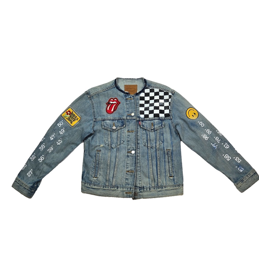 VTG Levis Distressed Jean Jacket 80's Patches The New Yorker Kiss Collerless S